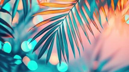 Poster - Palm leaves abstract background concept. Vibrant palm leaves against a colorful background, creating a tropical paradise vibe.