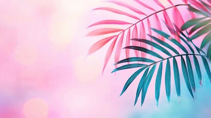 Poster - Palm leaves abstract background concept. Vibrant palm leaves against a dreamy pastel background create a serene atmosphere.