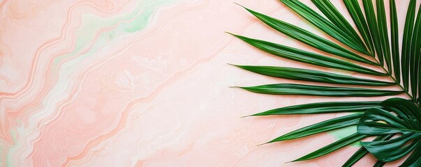 Poster - Palm leaves abstract background concept. Vibrant green palm leaf against a soft pastel pink marble background.