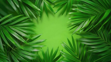 Poster - Palm leaves abstract background concept. Vibrant green palm leaves create a lush frame against a bright green background.