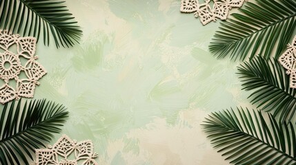 Poster - Palm leaves abstract background concept. Aesthetic composition of green leaves and decorative lace on a soft background.