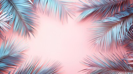 Poster - Palm leaves abstract background concept. Vibrant palm leaves frame a soft pink background for a tropical feel.