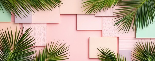 Aufkleber - Palm leaves abstract background concept. Colorful leaves and pastel shapes create a vibrant tropical background.
