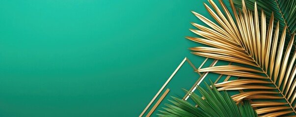 Poster - Palm leaves abstract background concept. Vibrant green background with elegant golden palm leaves, perfect for tropical designs.