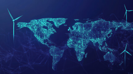 digital illustration of world map featuring interconnected lines and wind turbines, symbolizing glob
