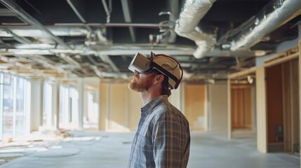 Aufkleber - A man wearing a virtual reality headset and hard hat explores an empty construction site. The interior showcases exposed beams and unfinished walls, highlighting the potential for future development.