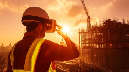 Fototapete - A construction worker wearing safety gear interacts with virtual reality technology while overseeing a building site at sunset. The skyline features cranes and a vibrant orange sky.