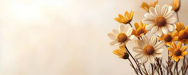 Poster - Daisy floral abstract background idea. Bright yellow flowers blooming beautifully against a soft, neutral background.