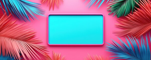 Poster - Palm leaves abstract background concept. Vibrant tropical leaves frame a blank turquoise banner on a pink background.