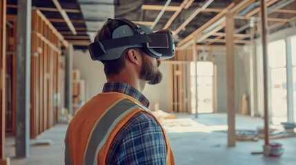 Fototapete - A construction professional dons virtual reality glasses while surveying an unfinished real estate project.