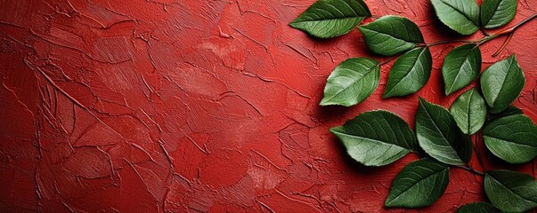 Poster - Rose leaves abstract background concept. A vibrant red background with lush green leaves framing the scene.