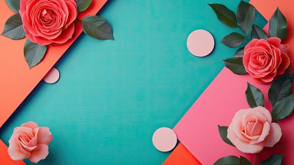 Poster - Rose leaves abstract background concept. Colorful roses beautifully arranged on a vibrant, geometric background for aesthetic purposes.