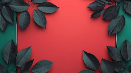 Poster - Rose leaves abstract background concept. A vibrant backdrop with dark leaves framing a striking red and green surface.