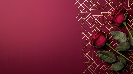 Poster - Rose leaves abstract background concept. Beautiful red roses on a stylish maroon background with geometric patterns.