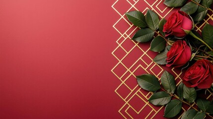 Poster - Rose leaves abstract background concept. Elegant red rose bouquet with golden geometric background for romantic occasions.