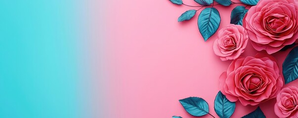 Poster - Rose leaves abstract background concept. A vibrant arrangement of pink roses with teal leaves against a pastel background.