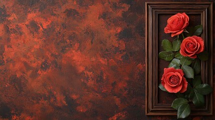 Poster - Rose leaves abstract background concept. Elegant red roses in a frame against a textured brown background.