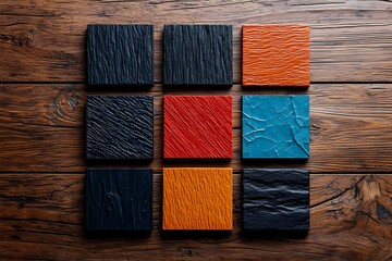Poster - Vibrant laminate samples arranged on a wooden surface, showcasing a variety of colors and textures for design inspiration.