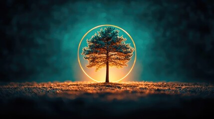 Poster - Pine tree abstract background idea. A solitary tree illuminated by a glowing circle creates a mystical atmosphere.