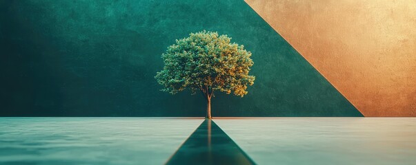 Aufkleber - Plane tree abstract background idea. A solitary tree stands against a vibrant geometric backdrop, symbolizing resilience.