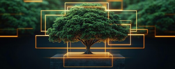 Poster - Plane tree abstract background idea. A vibrant tree surrounded by glowing frames, showcasing nature's beauty and creativity.