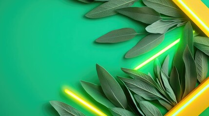 Poster - Sage leaves abstract background concept. Vibrant green leaves with neon lights creating a modern botanical design.