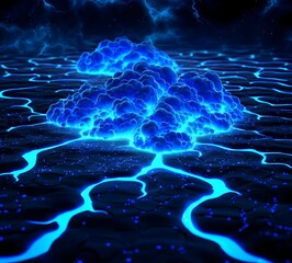 Poster - Digital Cloud Network, an intricate web of clouds linked by vibrant data nodes, showcasing the fusion of technology and connectivity.