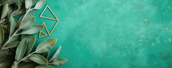 Poster - Sage leaves abstract background concept. Elegant green leaves with geometric shapes on a teal background, perfect for modern designs.