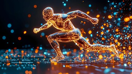 Poster - Dynamic digital figure in motion, representing the fusion of technology and human potential, embodying innovation and progress.