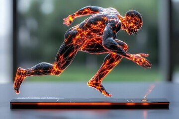 Poster - Dynamic digital human figure in motion, embodying the fusion of technology and human potential, vibrant energy radiating forward.