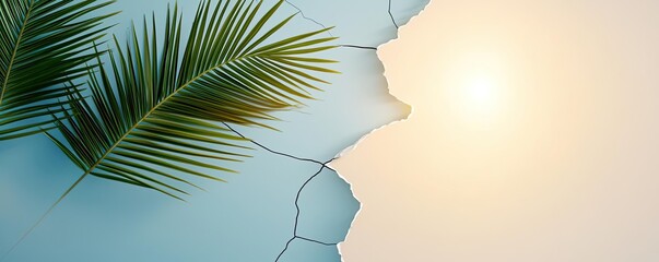 Poster - Palm leaves abstract background concept. A serene scene showcasing a palm leaf with sunlight casting a soft glow on water.