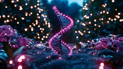 Poster - Digital DNA Helix Visualization, a vibrant and intricate representation of a DNA structure intertwined with data patterns and scientific elements