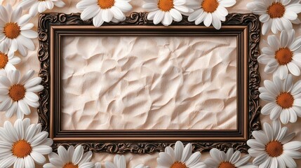 Poster - Daisy floral abstract background idea. A decorative frame surrounded by blooming daisies on textured background.