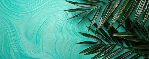 Poster - Palm leaves abstract background concept. Vibrant tropical palm leaf against a colorful turquoise background.