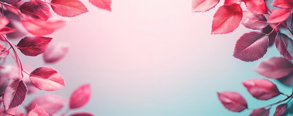 Fototapete - Rose leaves abstract background concept. Vibrant pink leaves frame a serene pastel background, perfect for nature-themed designs.