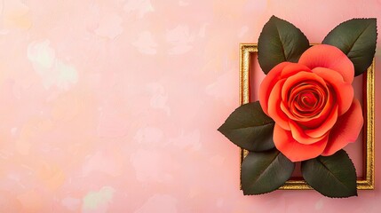Aufkleber - Rose leaves abstract background concept. A beautiful paper rose framed against a soft pink background, showcasing art and creativity.