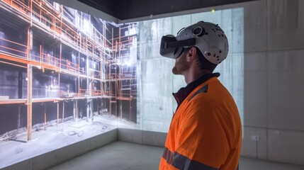 Fototapete - A construction worker in safety gear uses virtual reality to visualize real estate projects on large screens.