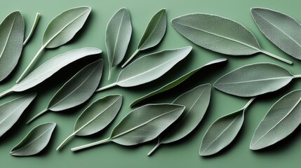 Poster - Sage leaves abstract background concept. A collection of vibrant green leaves layered on a soft green background.