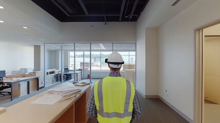 Fototapete - A construction management expert stands in a newly developed office, equipped with a hard hat and safety vest. He interacts with AI tools while surveying the workspace and planning for completion.