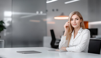 Poster - confident woman in modern office setting, showcasing remote work