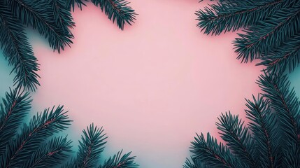 Poster - Pine tree abstract background idea. Beautiful green pine branches frame a soft pink background, perfect for seasonal decor.