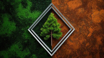 Poster - Pine tree abstract background idea. A creative depiction of a tree framed by contrasting colors representing nature.