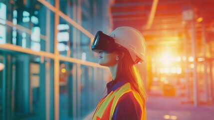 Fototapete - A construction worker wearing a hard hat and safety vest engages with virtual reality tools on a real estate project.