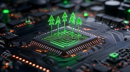 Poster - Futuristic Green Arrows Emanating from Microchip, Vibrant technology concept, symbolizing innovation and progress in digital advancements