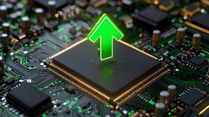 Poster - Futuristic Microchip with Green Arrows, A vibrant microchip design featuring dynamic green arrows symbolizing innovation and technological advancement.