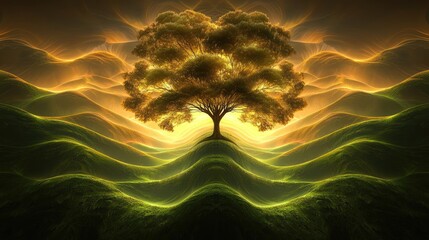 Poster - Plane tree abstract background idea. A glowing tree stands amidst enchanting, wavy green hills under a warm light.