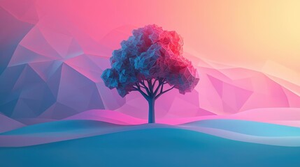 Poster - Plane tree abstract background idea. A vibrant tree stands in a surreal landscape with colorful geometric shapes.
