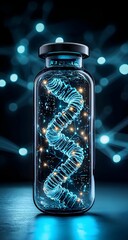 Poster - Glowing DNA Strand in Capsule, A vibrant representation of genetic material encapsulated, symbolizing advancements in biotechnology and medicine.