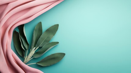 Poster - Sage leaves abstract background concept. Elegant arrangement of soft fabric and green leaves on a serene blue background.