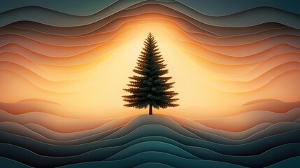 Poster - Pine tree abstract background idea. A solitary tree stands against a vibrant, textured background of wavy colors.
